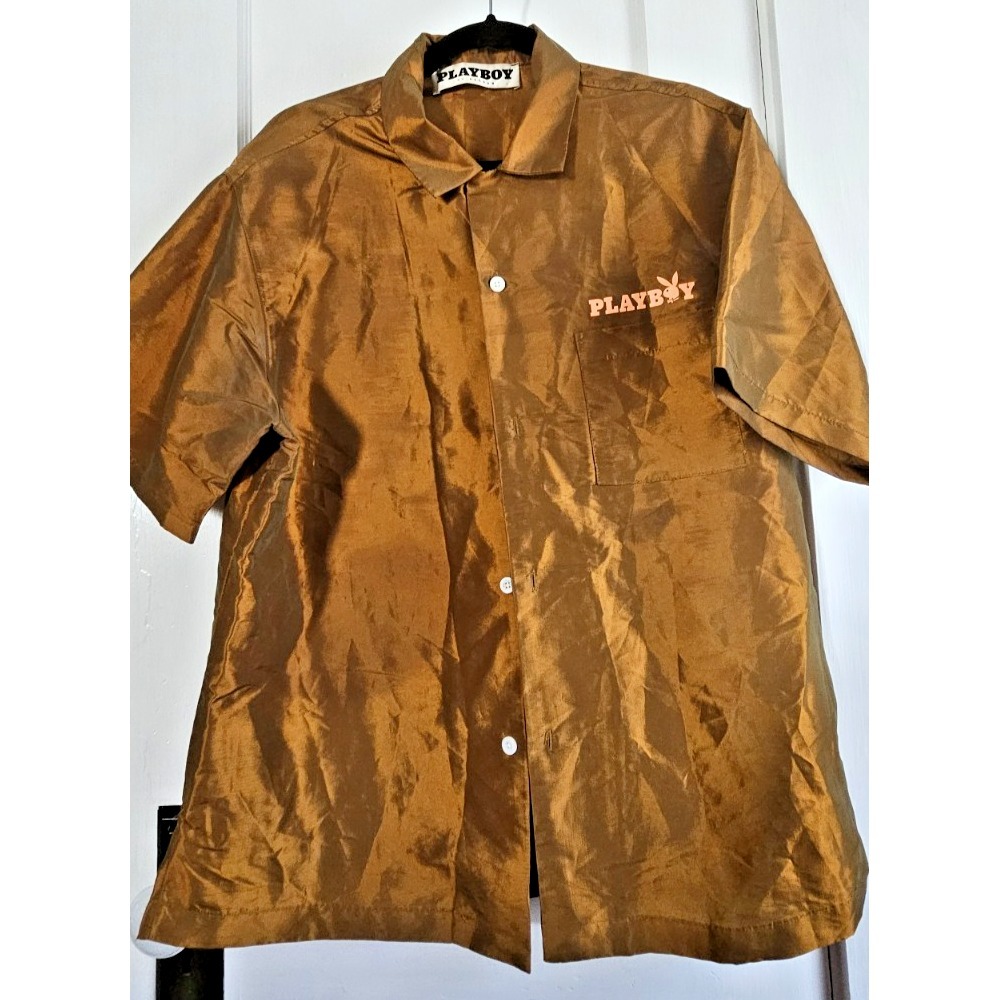 Playboy Pacsun Metallic Gold short sleeves‎ Button Down Shirt Men Sz M oversized